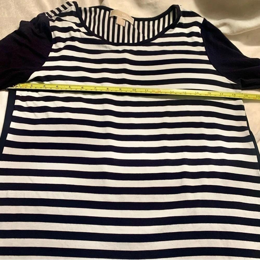 MK Michael Kors Tunic Top Small Navy Blue White Striped Front Sheer Back